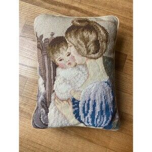 Vtg Lillian Vernon Wool Needlepoint Petit Throw Pillow Mother Child Velvet Back